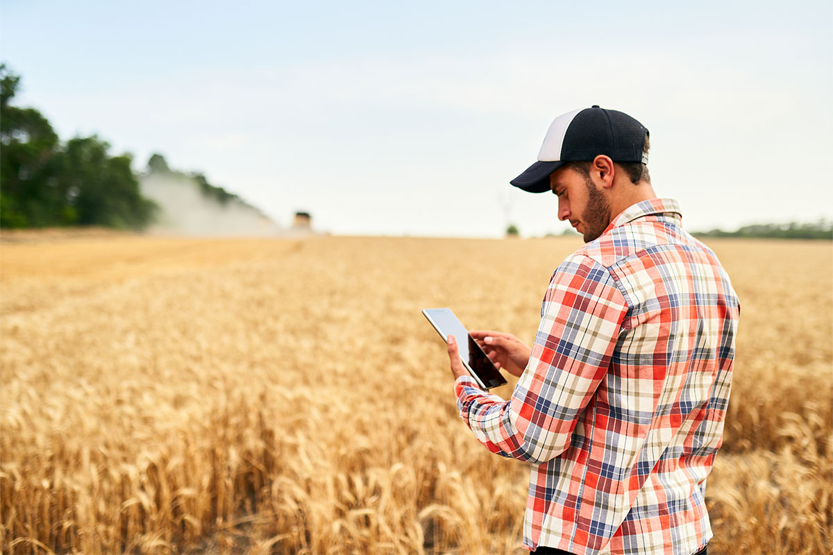 A farmer using technology in a field. 