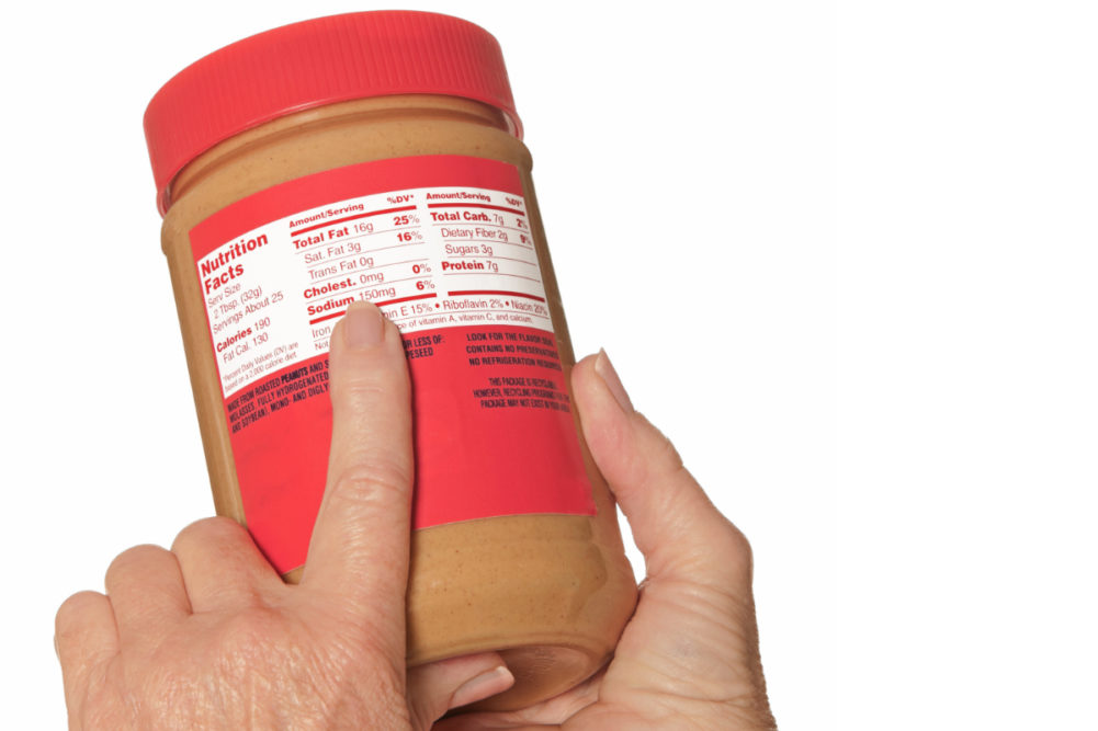 Reading Nutrition Facts label on peanut butter