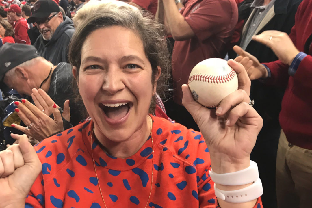 Christine Cochran, GFF, with foul ball from the World Series