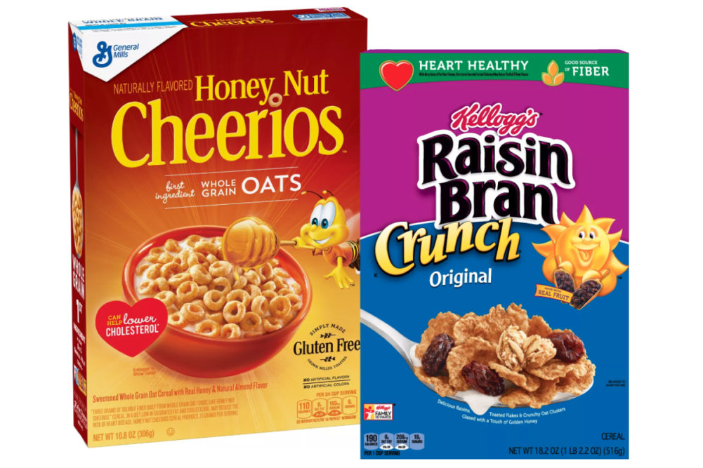 General Mills Honey Nut Cheerios and Kellogg's Raisin Bran Crunch