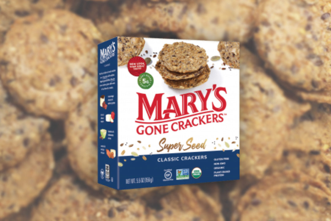 Mary's gone crackers new packcaging highlights plant-based protein rich non-G.M.O. vegan organic ingredients
