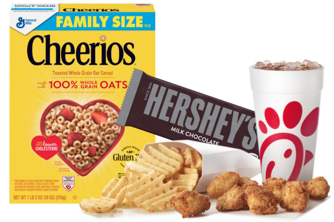 Cheerios, Hershey bar and Chick-fil-A meal