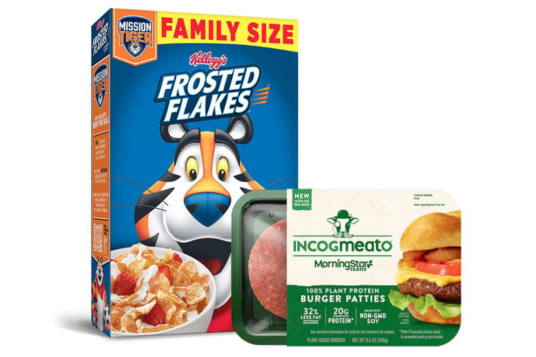 Kellogg's Frosted Flakes and Incogmeato plant-based burger patties