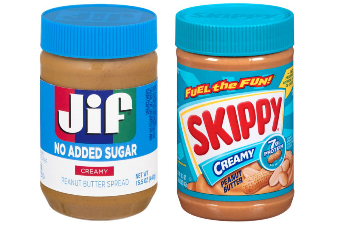 Jif and Skippy peanut butter with blue lids