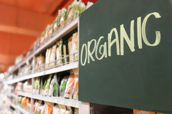 Organic food aisle in supermarket