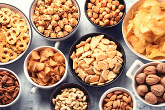 Variety of snacks in bowls