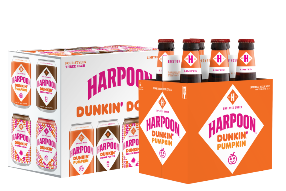 Dunkin' Harpoon beer bottles and cans