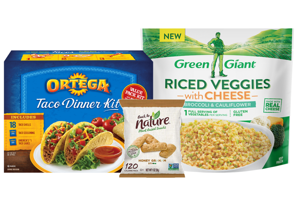 Ortega taco shells, Back to nature snacks and Green Giant riced cauliflower from B&G Foods