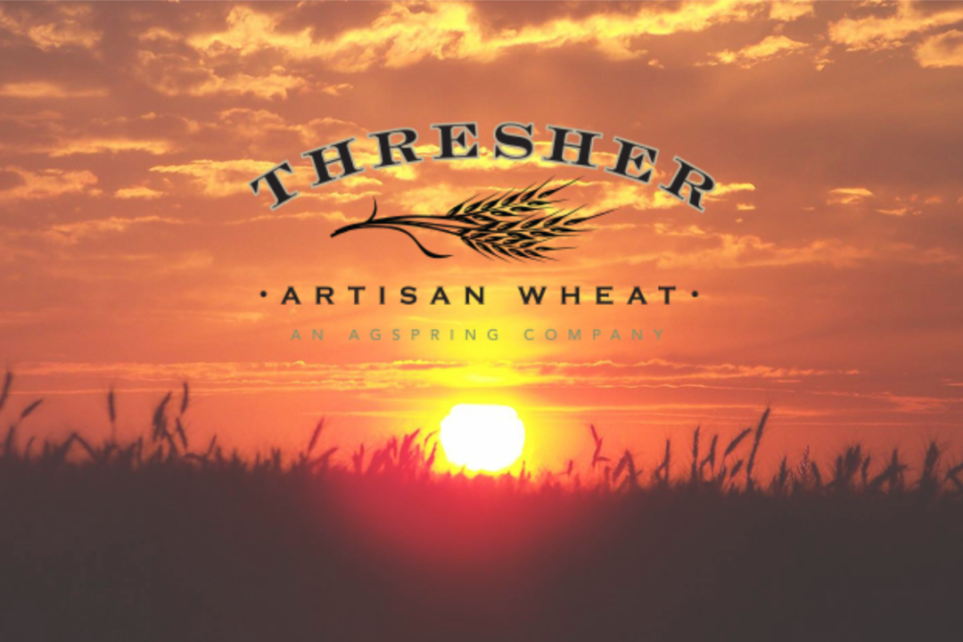 Thresher Artisan Wheat logo against background of a wheat field 