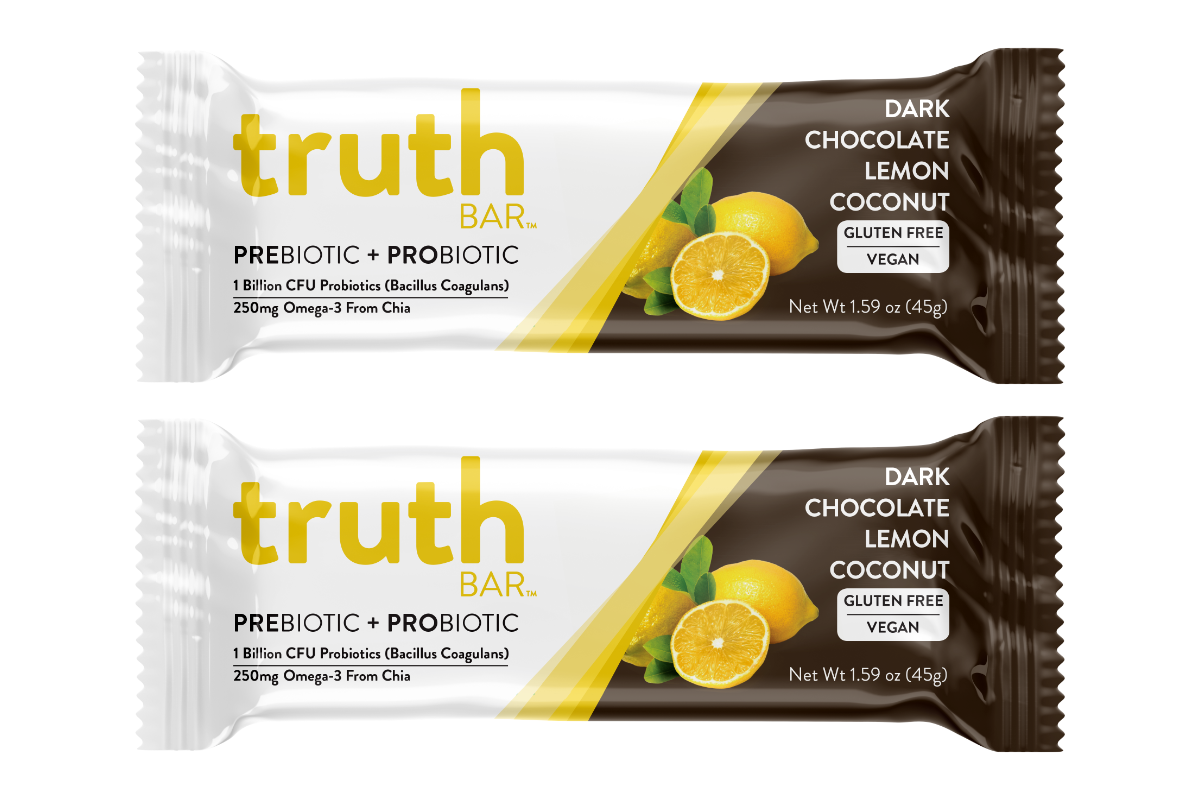 Dark chocolate coconut lemon gut health bar from Truth Bar