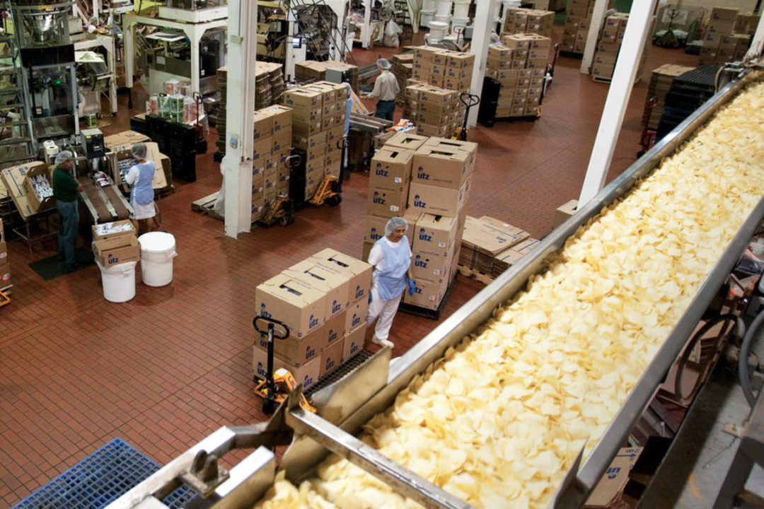 Utz employees working at a potato chip manufacturing line