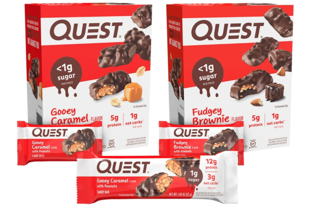 Quest Gooey Caramel with Peanuts Candy Bites, Quest Fudgey Brownie with Almonds Candy Bites, and Quest Gooey Caramel with Peanuts Candy Bar
