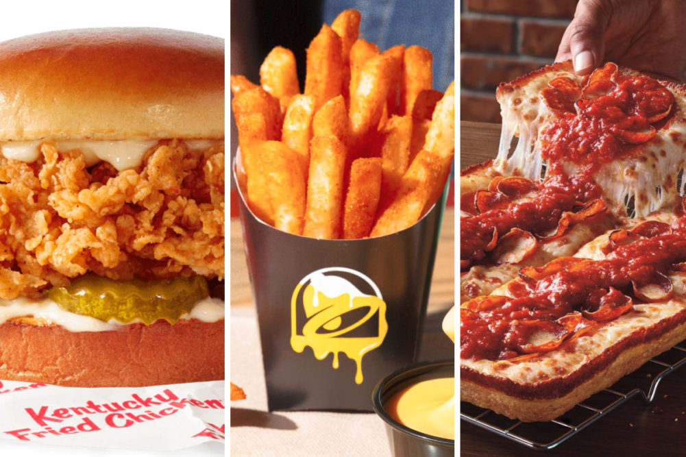 KFC Chicken Sandwich, Taco Bell Nacho Fries and Pizza Hut Detroit Style Pizza