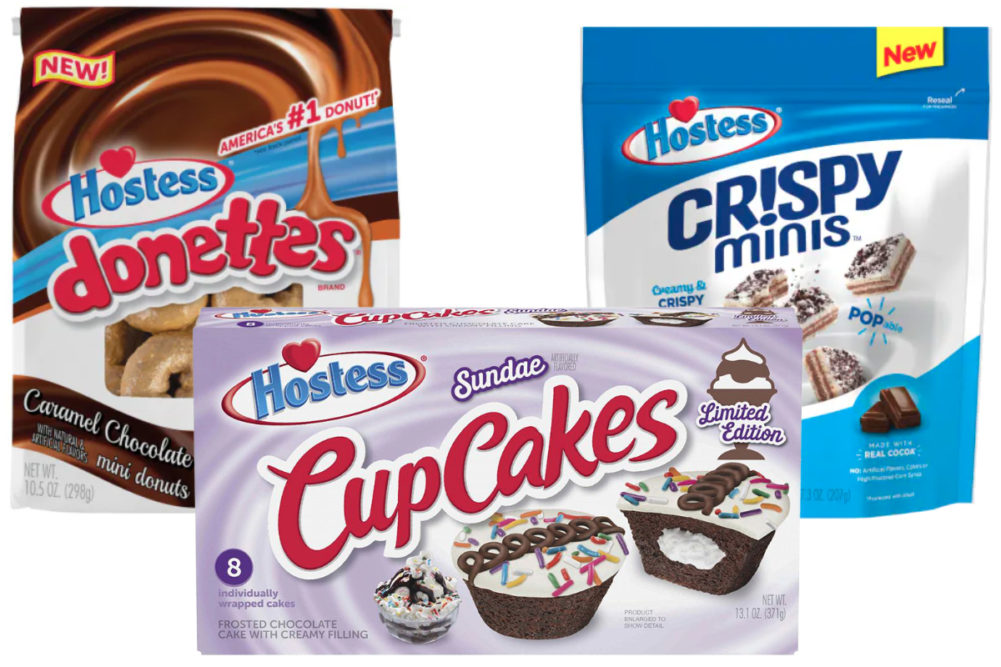 Hostess caramel chocolate Donettes, Sundae CupCakes and cookies and creme Crispy Minis
