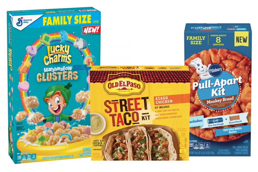 Lucky Charms Marshmallow Clusters cereal, Old El Paso Street Taco Kit and Pillsbury Pull-Apart Kit