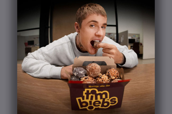 Justin Bieber eating Timbiebs Timbits donut holes