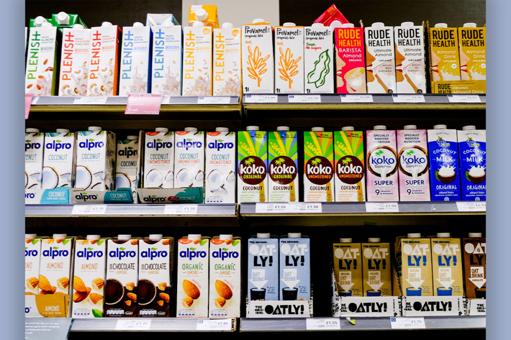 Plant-based milks, grocery store