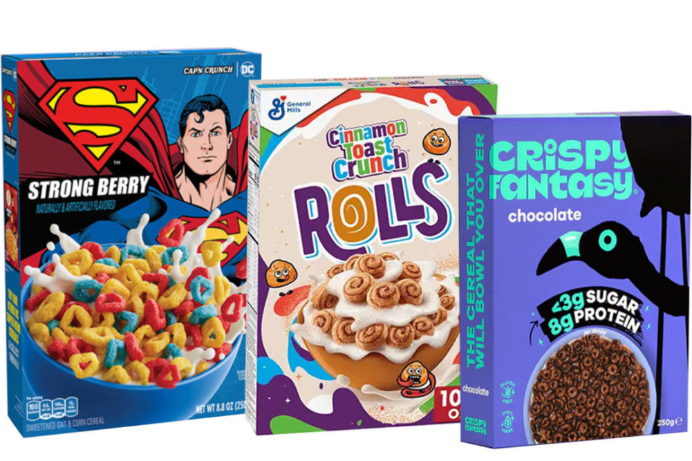 Cinnamon Toast Crunch Rolls, Cap'n Crunch Strong Berry flavor and Crispy Fantasy cereal.