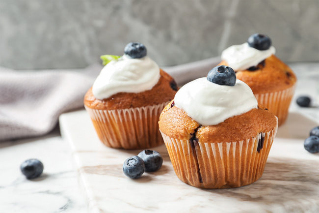 Blueberry muffins, blueberries, frosting
