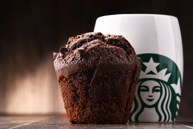 Starbucks muffin and coffee, chocolate muffin