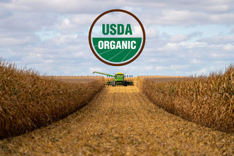Organic wheat field, USDA logo, harvest