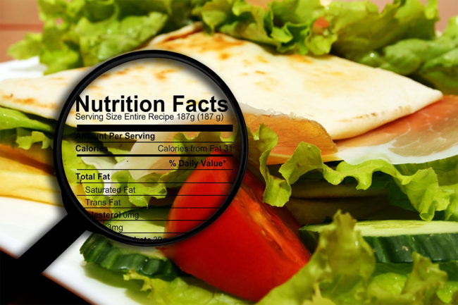 Nutrition facts chart, magnifying glass, lettuce, quesadilla, Adobe Stock