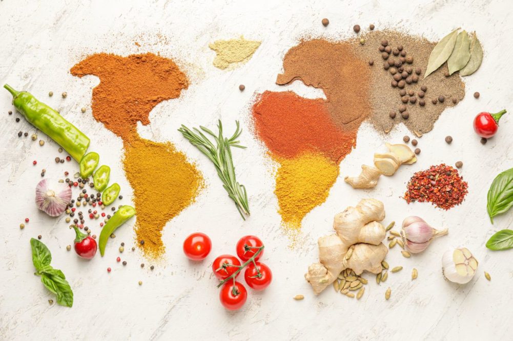 Map of the world in spices, garlic, herbs