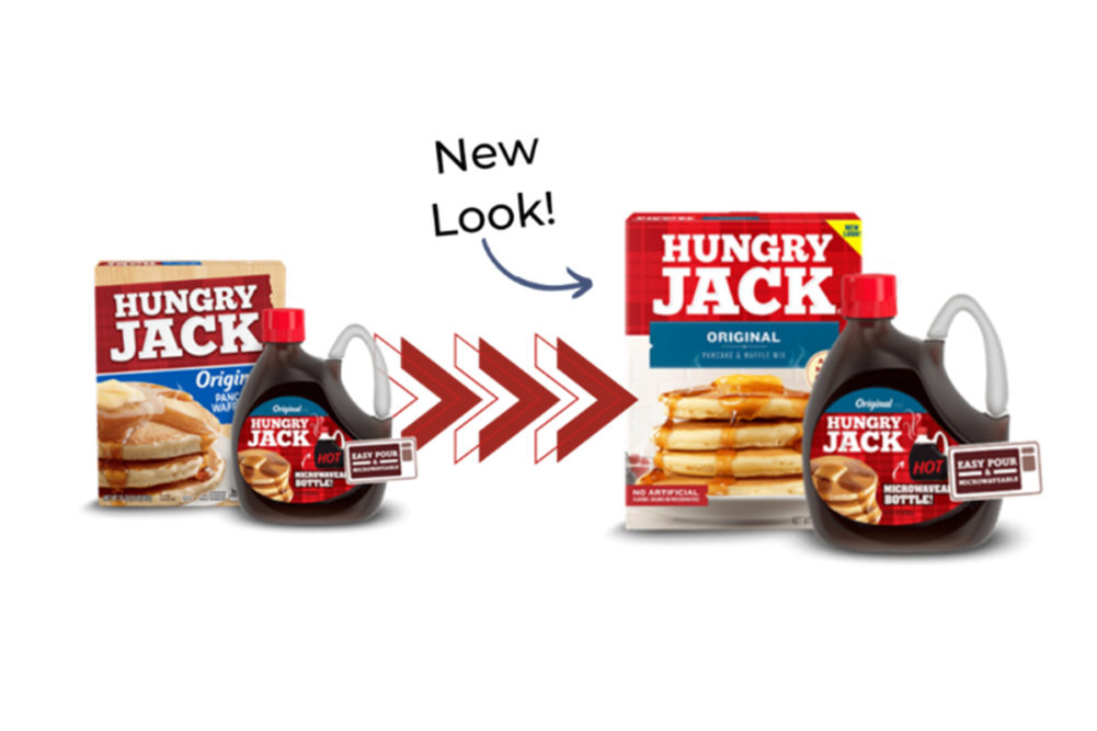 New Hungry Jack packaging, pancake mix, syrup bottle
