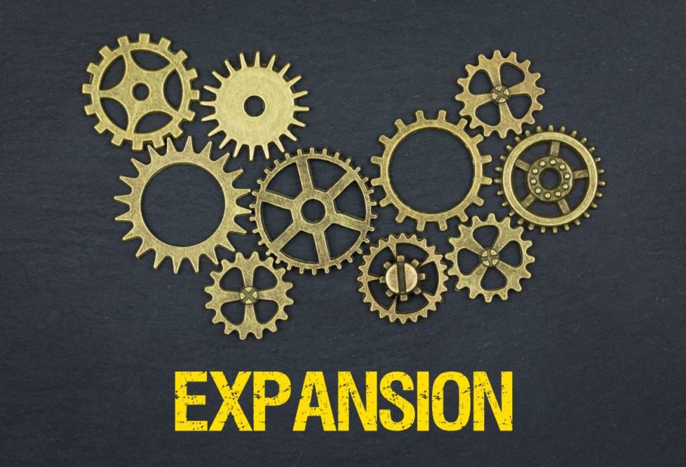Expansion graphic, grey background, brass gears