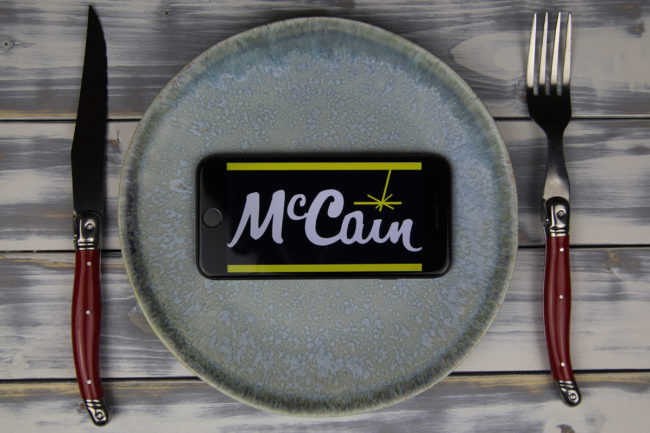 McCain Foods phone case, dinner plate, knife and fork