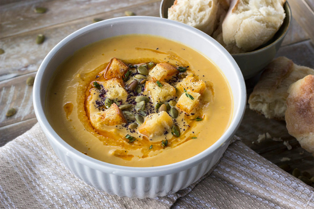 Cheddar pumpkin ale soup, artisan bread