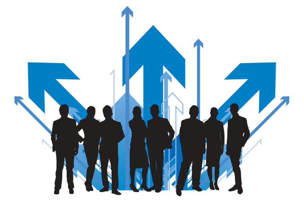Graphic of employee advancement, blue arrows, silhouettes, job moves, new hires