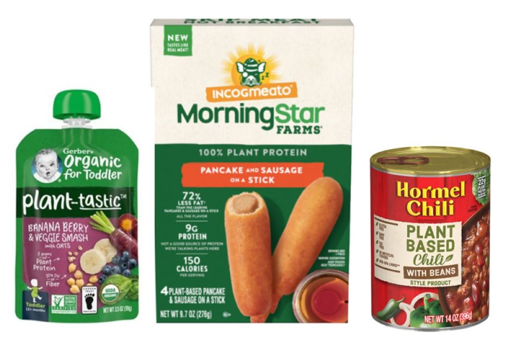Gerber baby food, MorningStar Farms sausage on a stick and plant-based Hormel Chili