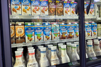 Plant-based milk alternatives, grocery store case