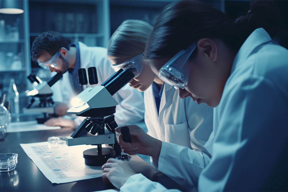 Scientists working in a lab, women scientists, microscope