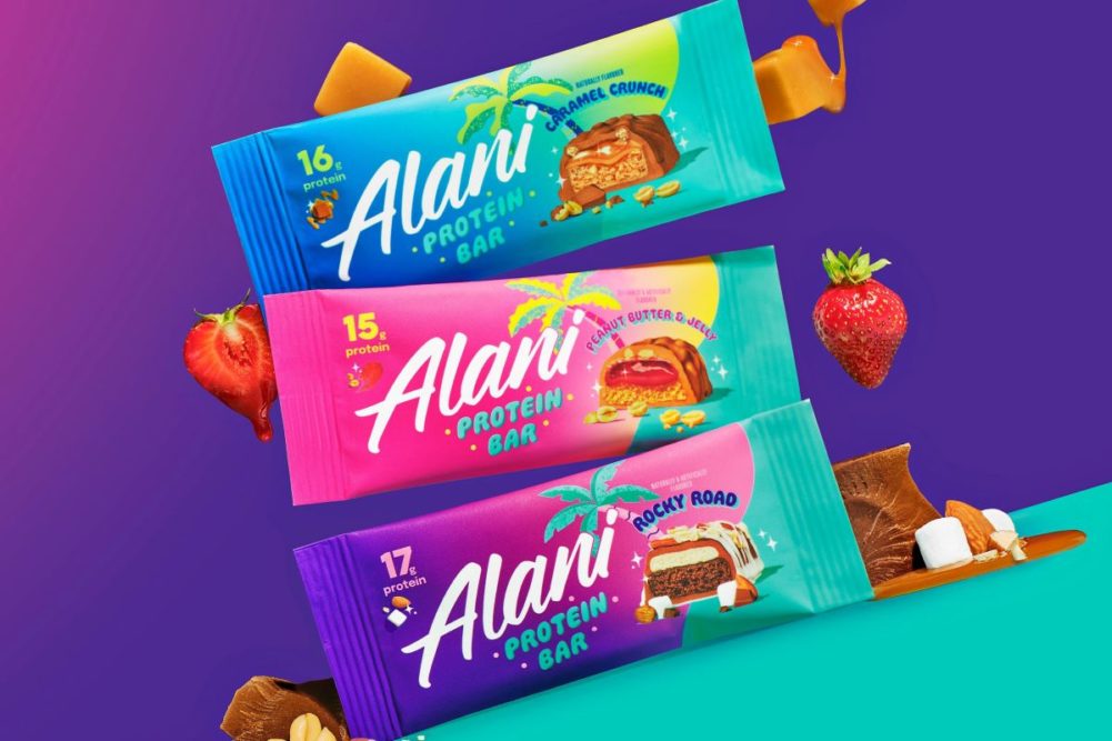 All three of Alani Nu protein bars in a variety of tropical colors 