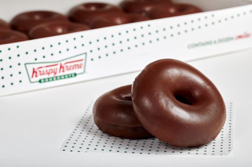 Chocolate glazed Krispy Kreme donuts