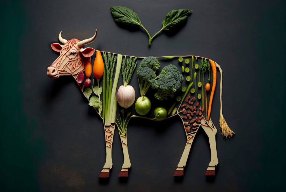Outline of cow with variety of vegetables inside body 