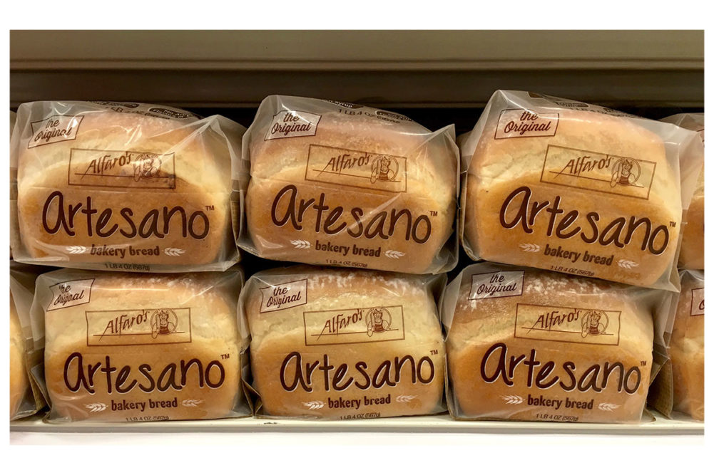 Loaves of bread in supermarket. 