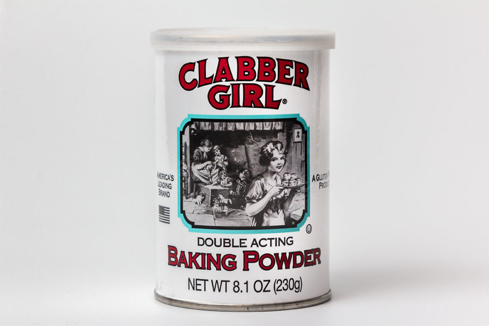 A can of Clabber Girl Baking Powder. 