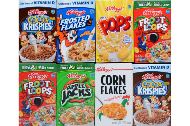 Assortment of Kellogg cereals. 
