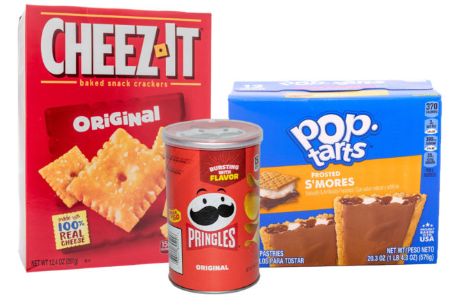 Assortment of Kellanova products including Pringles and Cheez-It. 