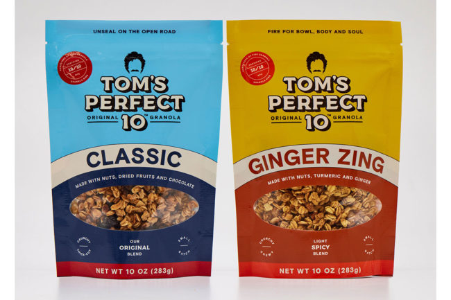 Two new bags of Tom's Perfect 10 flavored granola. 