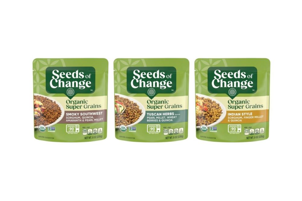 Assortment of new Super Grains products in green packaging. 