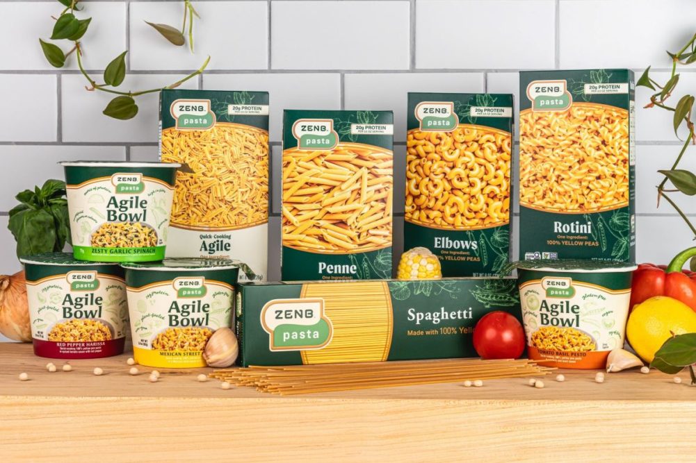 Assortment of ZENB pastas on a kitchen counter. 