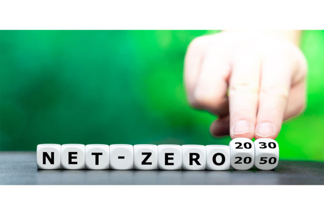 White blocks spell out Net-Zero 2050. 