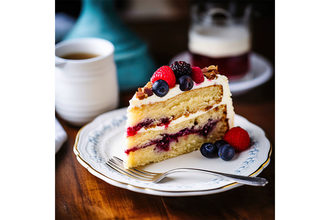 A slice of cake with berries. 