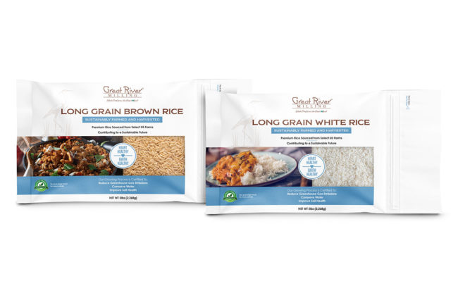 Great River Milling rice products in white bags. 