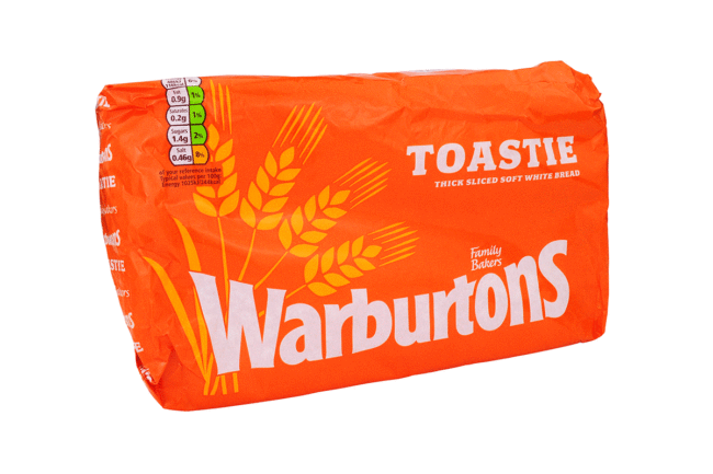 A packaged loaf of Warburtons bread. 