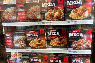 Assortment of Conagra frozen products in grocery store. 